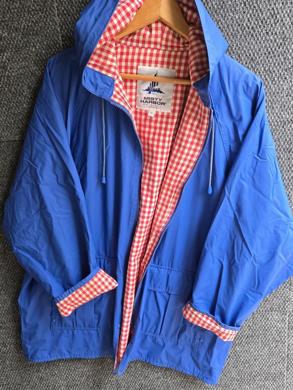 VTG 90s Misty Harbor Rain Jacket Red Gingham Plaid Lined Blue PVC Vinyl Slicker